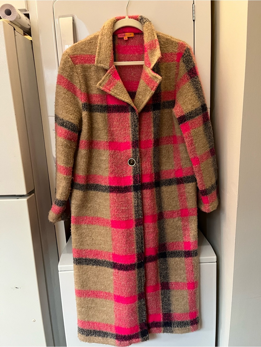 Vilagallo Pink and Tan Plaid Long Pea Coat